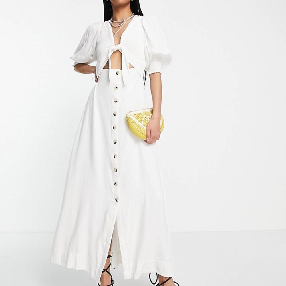 Free People White Button-Front Maxi Dress with Tie Bodice
